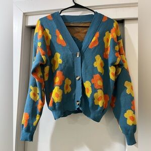 Blue Cardigan and Tank-top with Orange and Yellow Daisies